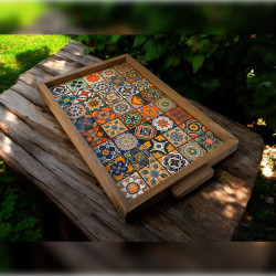 woodlinehome el yapımı çini desenli ahşap seramik tepsi WDLMFT001